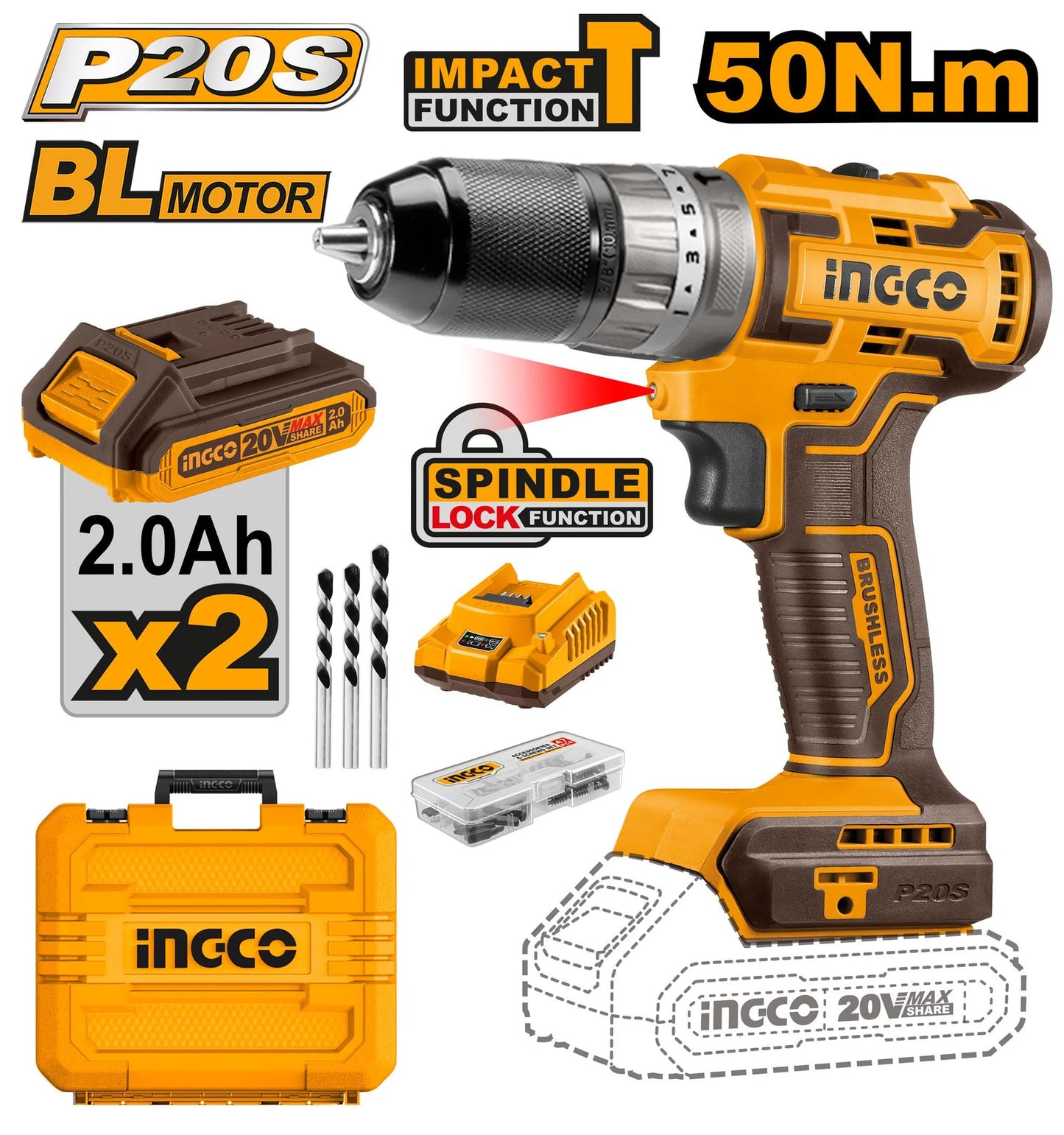 INGCO 20V Brushless Cordless Impact drill (With 2pcs batteries & charger) CIDLI20508