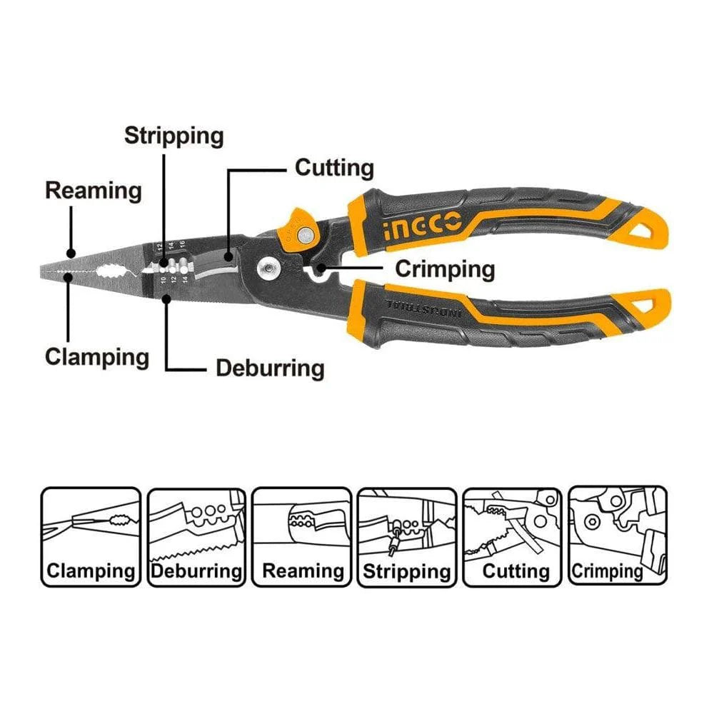 INGCO 6in1 Multi Function Long nose Pliers 8" HMFLNP28200