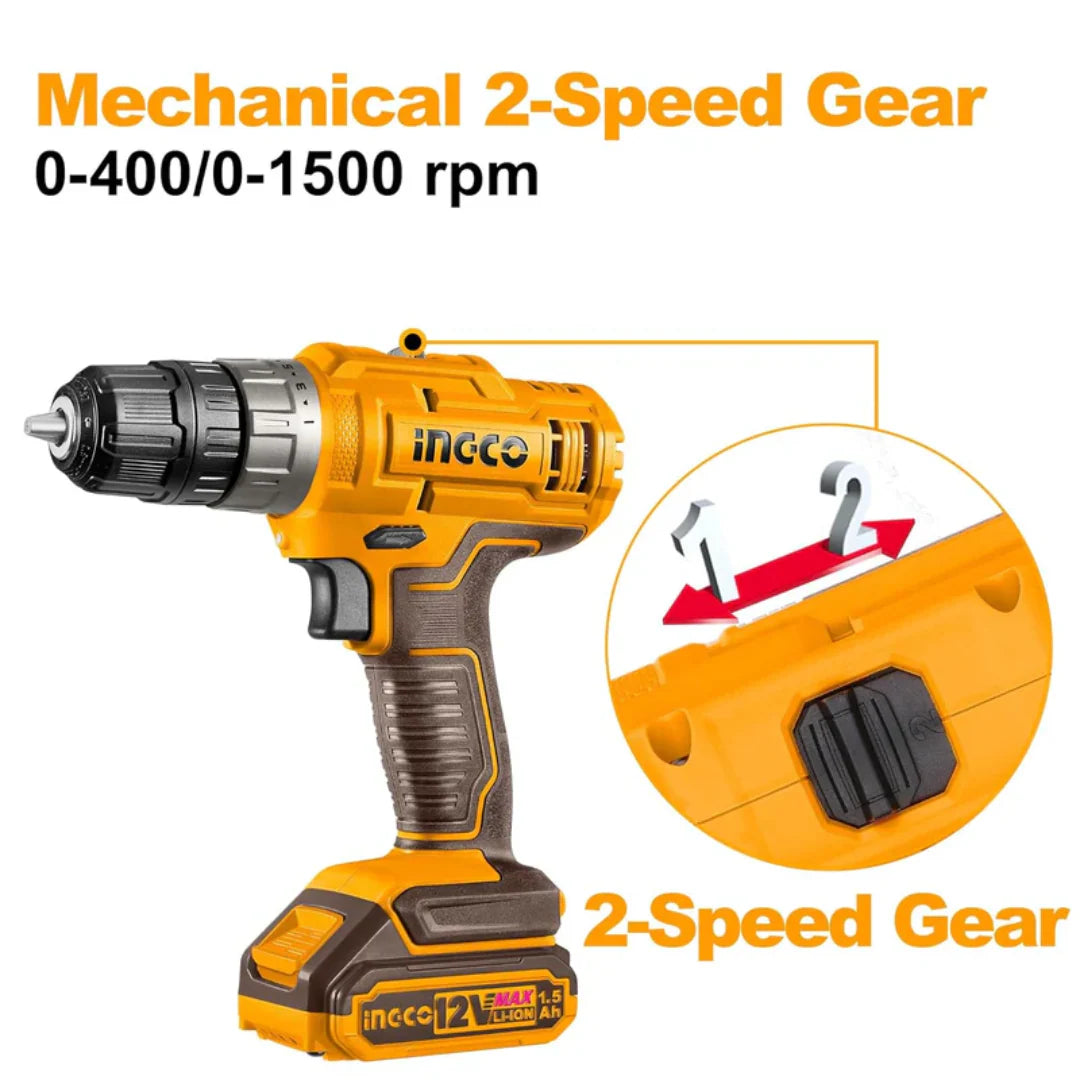 INGCO 12v Cordless Drill set (with 2pc batteries & charger) CDLI1228