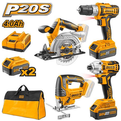 INGCO 20V 4pcs Cordless Tools Combo Kit (With 2pcs batteries & charger) CKLI2010