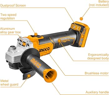 INGCO 20v Cordless Angle Grinder 4" (WITHOUT Battery & Charger) CAGLI201008