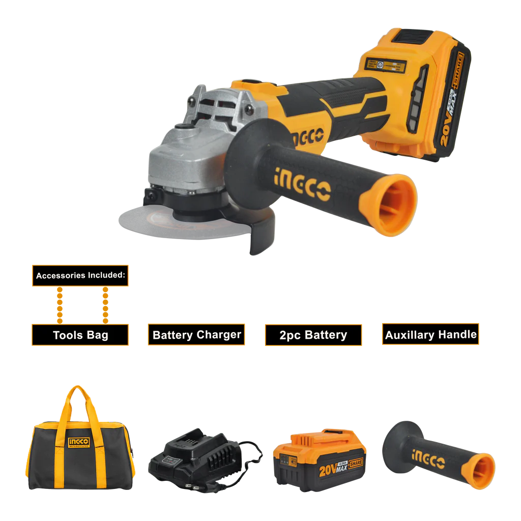 INGCO 20V 4" Cordless Angle Grinder (with 2pc batteries & charger)