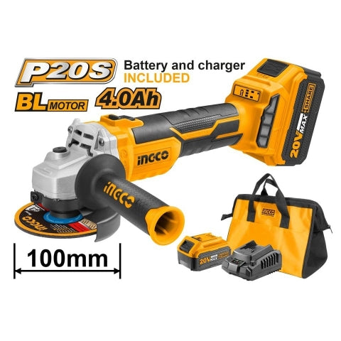 INGCO 20V 4" Cordless Angle Grinder (with 2pc batteries & charger)