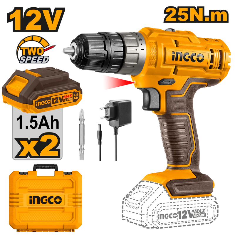 INGCO 12v Cordless Drill set (with 2pc batteries & charger) CDLI1228