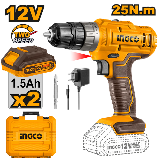 INGCO 12v Cordless Drill set (with 2pc batteries & charger) CDLI1228