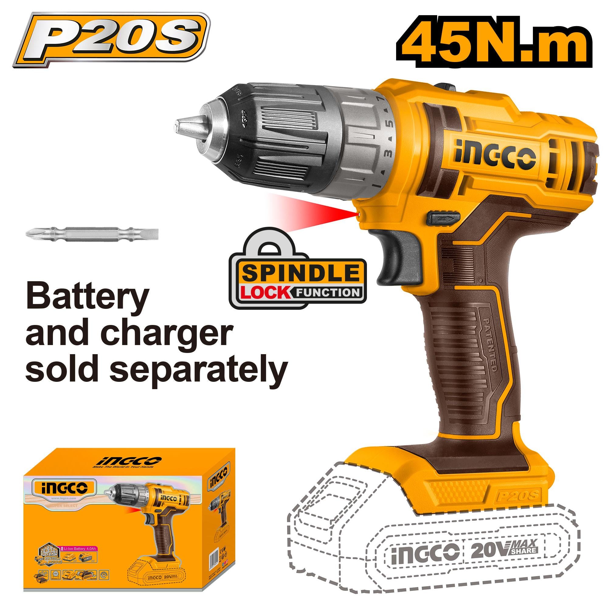 INGCO 20V Cordless Drill WITHOUT Battery Charger CDLI200515 Buttar Enterprises