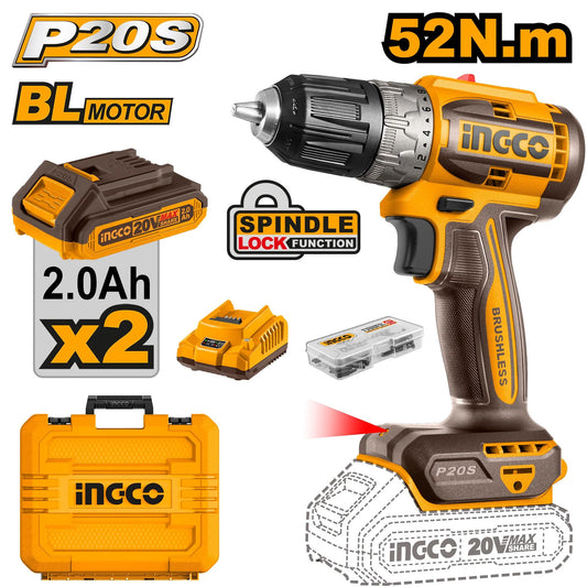 INGCO 20V Cordless Brushless Drill 52nm ( WITH 2pc Batteries & Charger) CDLI20453