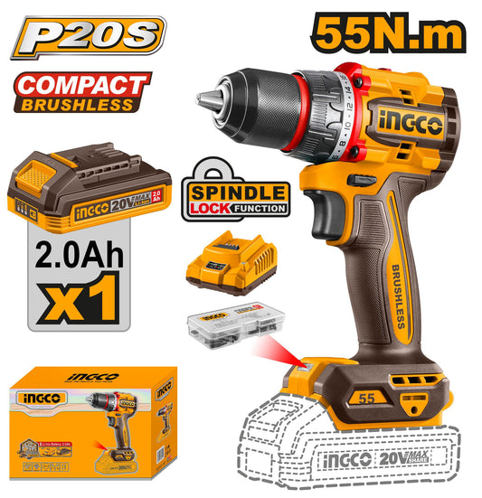 INGCO 20v Cordless Brushless Drill (WITH Battery & Charger) CDLI205582