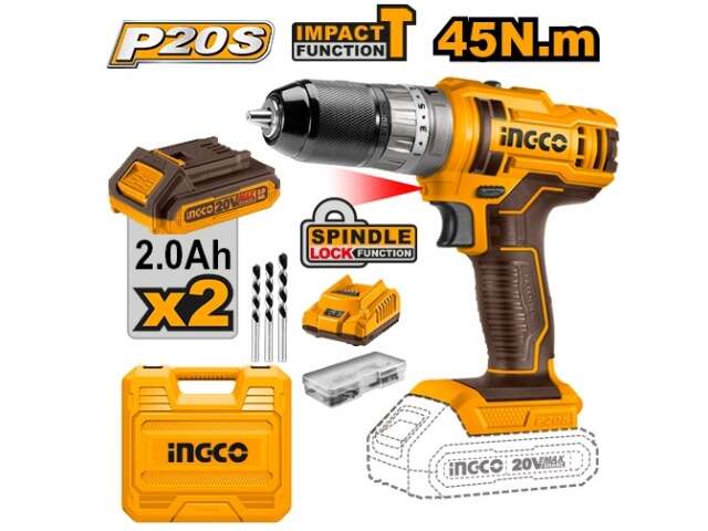 INGCO 20v Impact Drill (with 2 batteries, charger, bits & BMC box) CIDLI201452