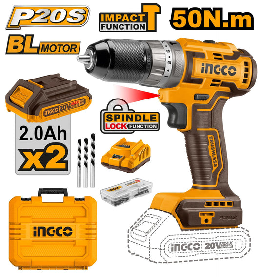 INGCO 20V Brushless Cordless Impact drill (With 2pcs batteries & charger) CIDLI20508