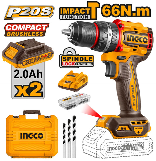 INGCO 20V Compact Brushless Cordless Impact Drill 66nm (WITH 2pc Batteries & Charger) CIDLI20668