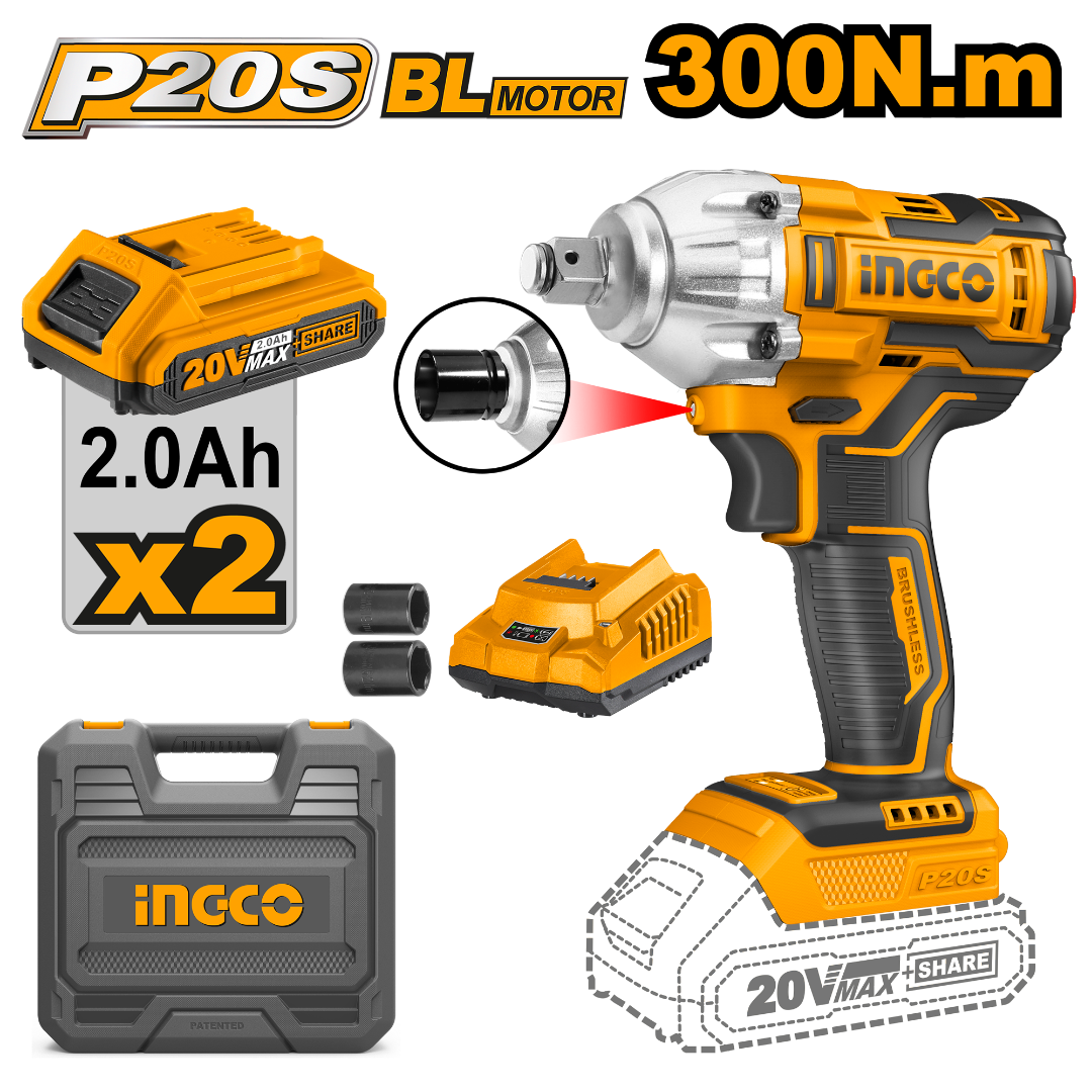 INGCO 20v Impact Wrench (with 2 batteries, charger, sockets & BMC box) CIWLI2038