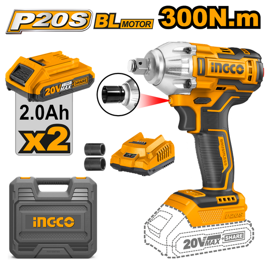 INGCO 20v Impact Wrench (with 2 batteries, charger, sockets & BMC box) CIWLI2038