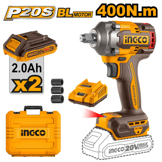 INGCO 20v Cordless Impact Wrench (With 2pc Batteries & Charger) CIWLI2040