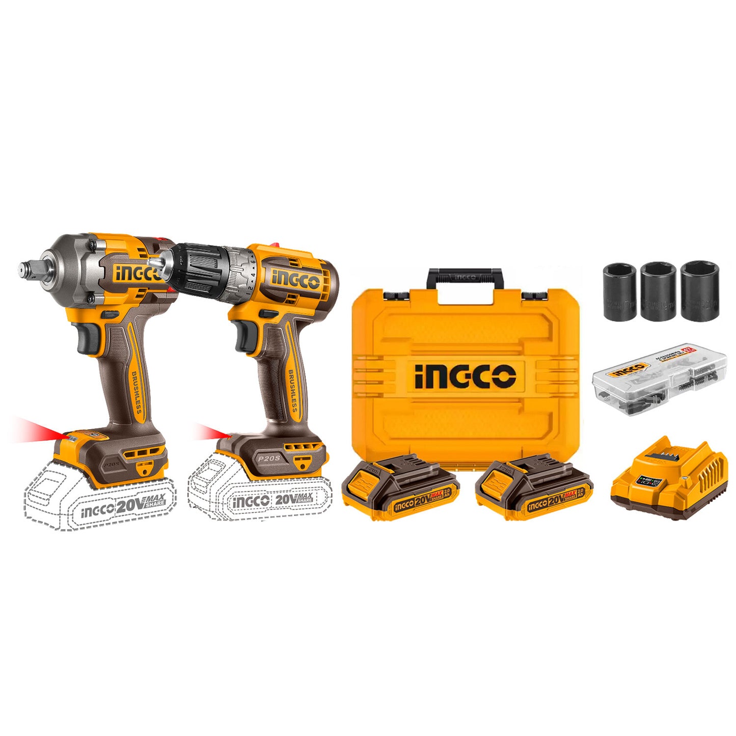 INGCO 2pcs 20V Cordless Combo Kit (Impact wrench & Cordless Drill with 2pc batteries & charger)