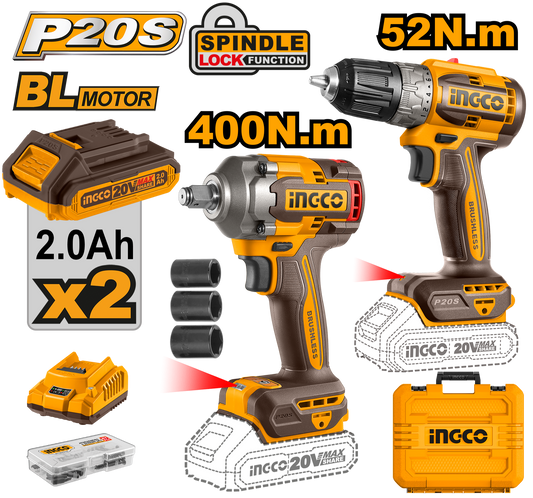 INGCO 2pcs 20V Cordless Combo Kit (Impact wrench & Cordless Drill with 2pc batteries & charger)