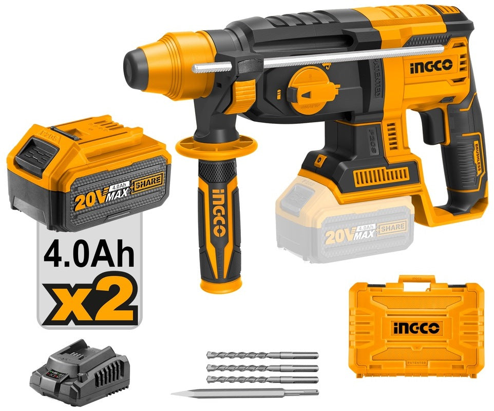 INGCO 20v Rotary Hammer (WITH 4A 2pcs Batteries & Charger) CRHLI202287