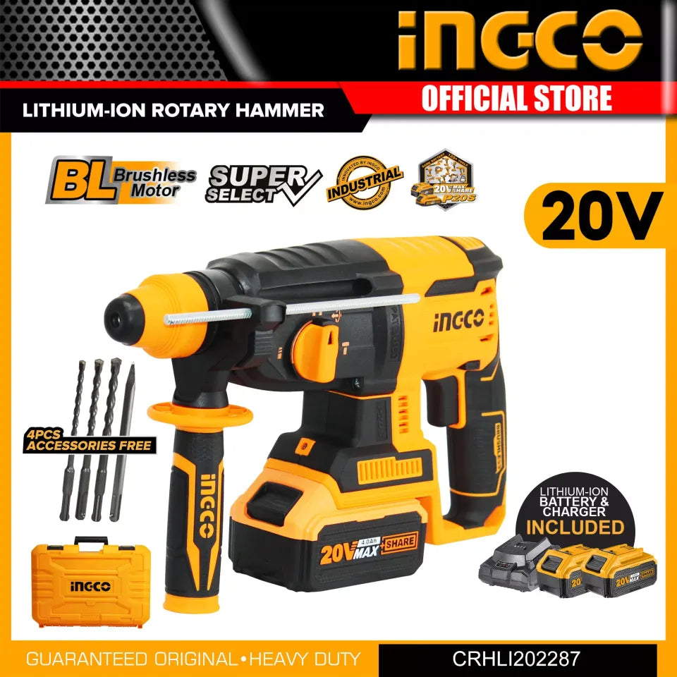 INGCO 20v Rotary Hammer (WITH 4A 2pcs Batteries & Charger) CRHLI202287