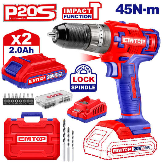 EMTOP 20v Cordless Impact Drill (With 2pc batteries & Charger) ECIDL6200128