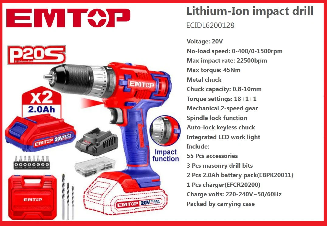 EMTOP 20v Cordless Impact Drill (With 2pc batteries & Charger) ECIDL6200128