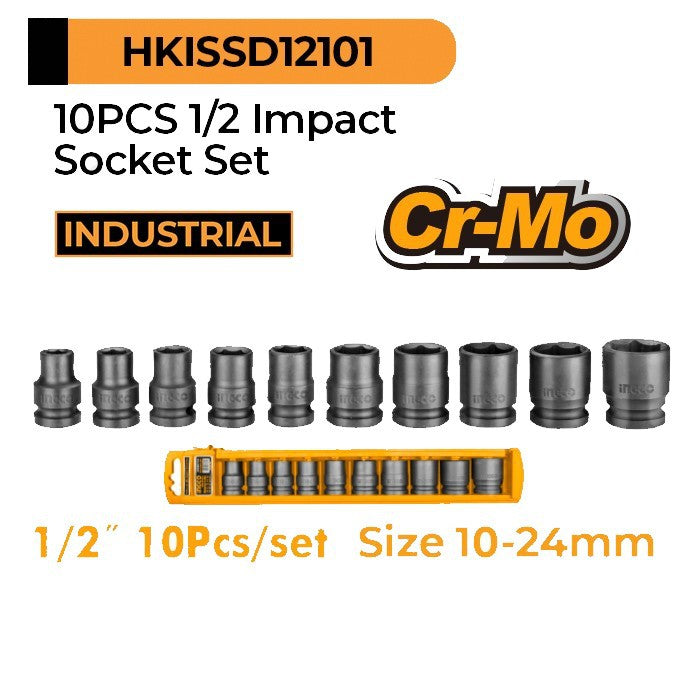 INGCO 10PCS 1/2" impact socket set (10-24mm) HKISSD12101