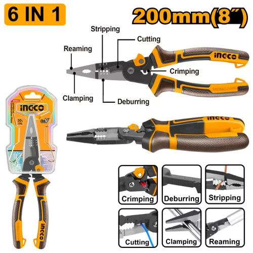 INGCO 6in1 Multi Function Long nose Pliers 8" HMFLNP28200