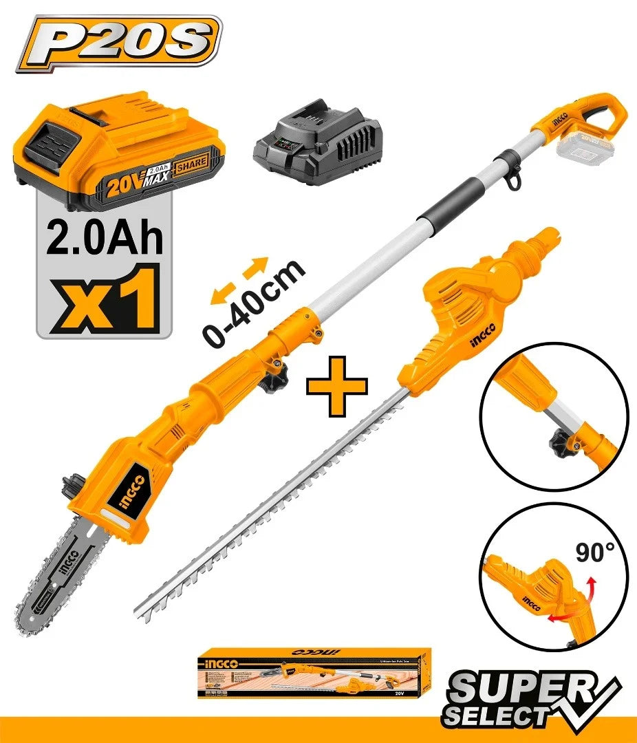 INGCO 20v Pole Hedge Trimmer (With battery & charger) CPHT2016012