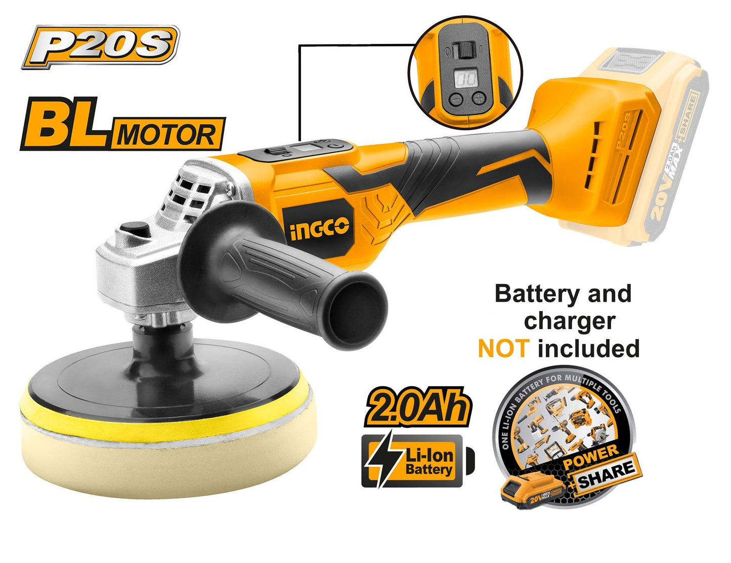 INGCO 20V Angle Polisher 6" (WITHOUT Battery and Charger) APLI2001