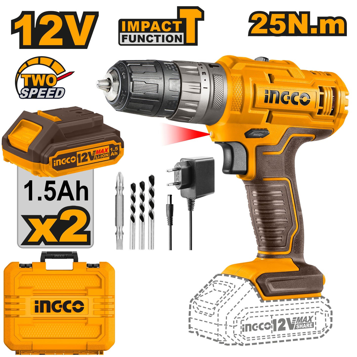 INGCO 12V Cordless Impact Drill (With 2pc Batteries) CIDLI1228