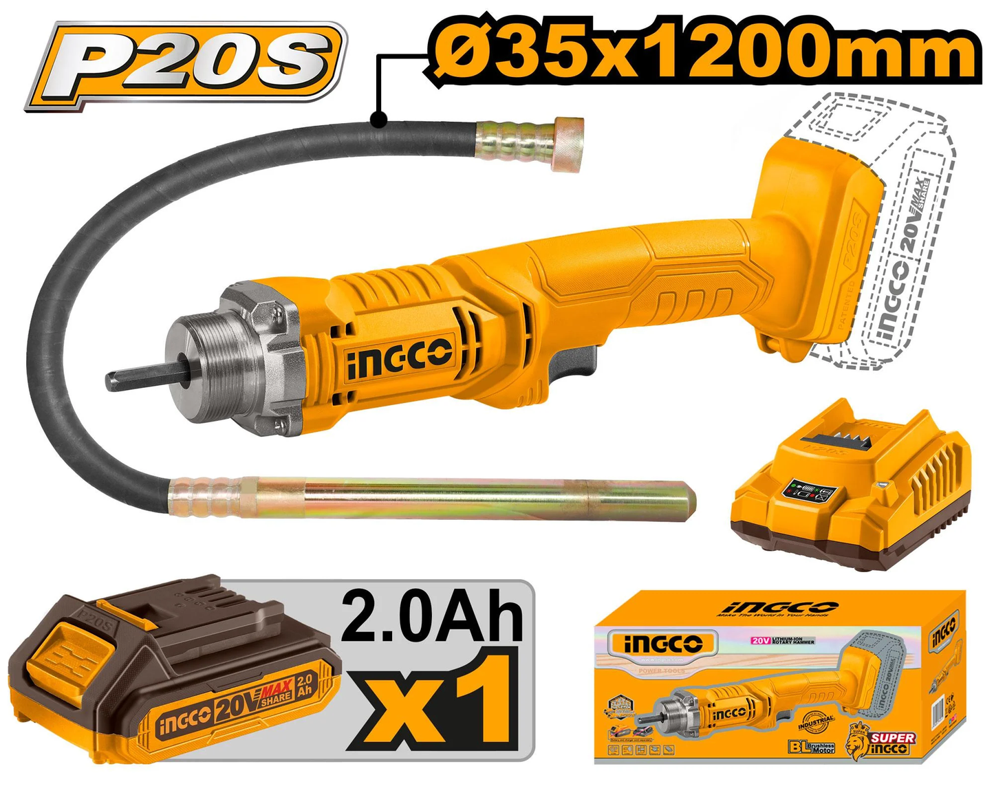 INGCO 20v Cordless Concrete Vibrator ( WITH Battery & Charger) CCVLI2023011