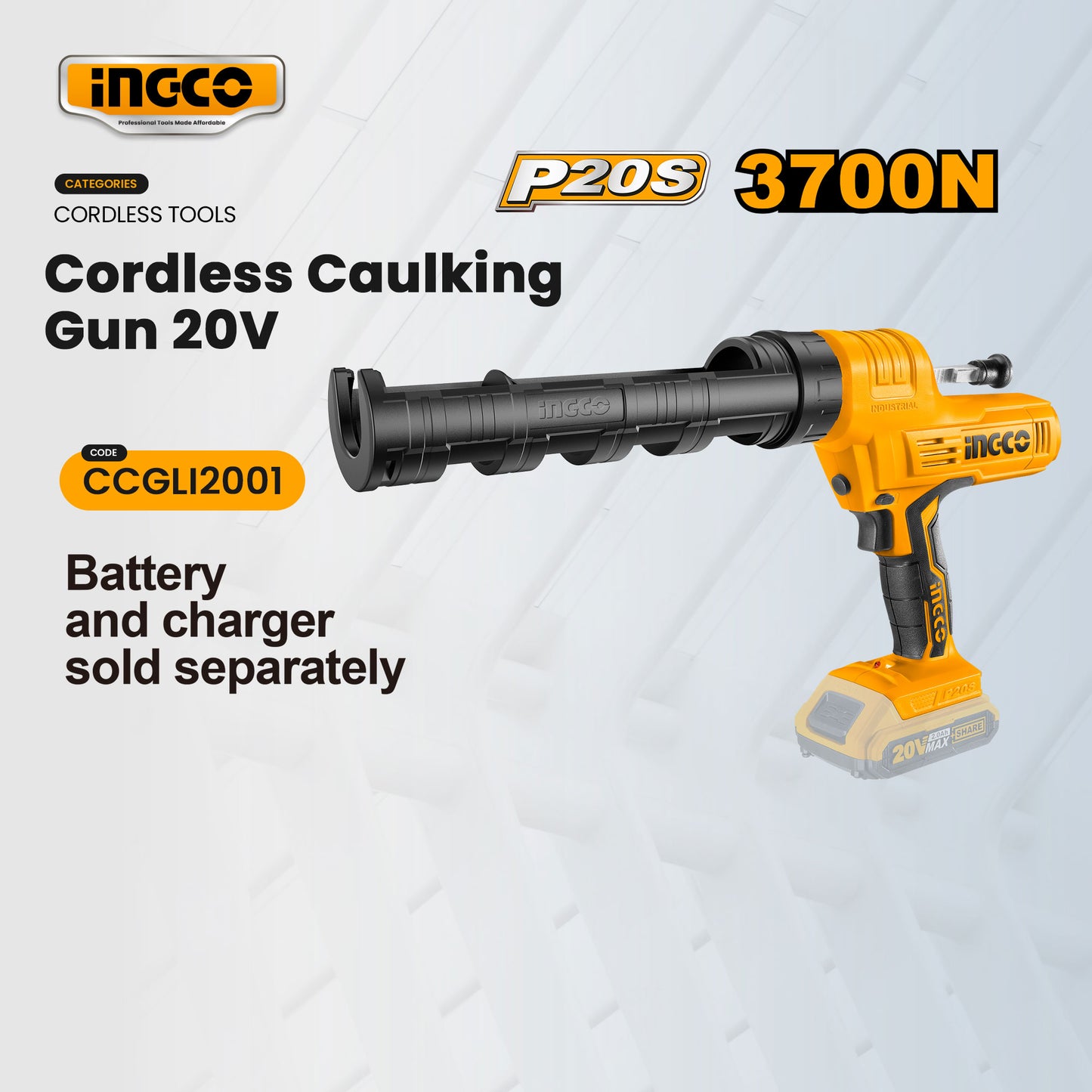 INGCO 20V Cordless Caulking Gun (WITHOUT Battery & Charger) CCGLI2001
