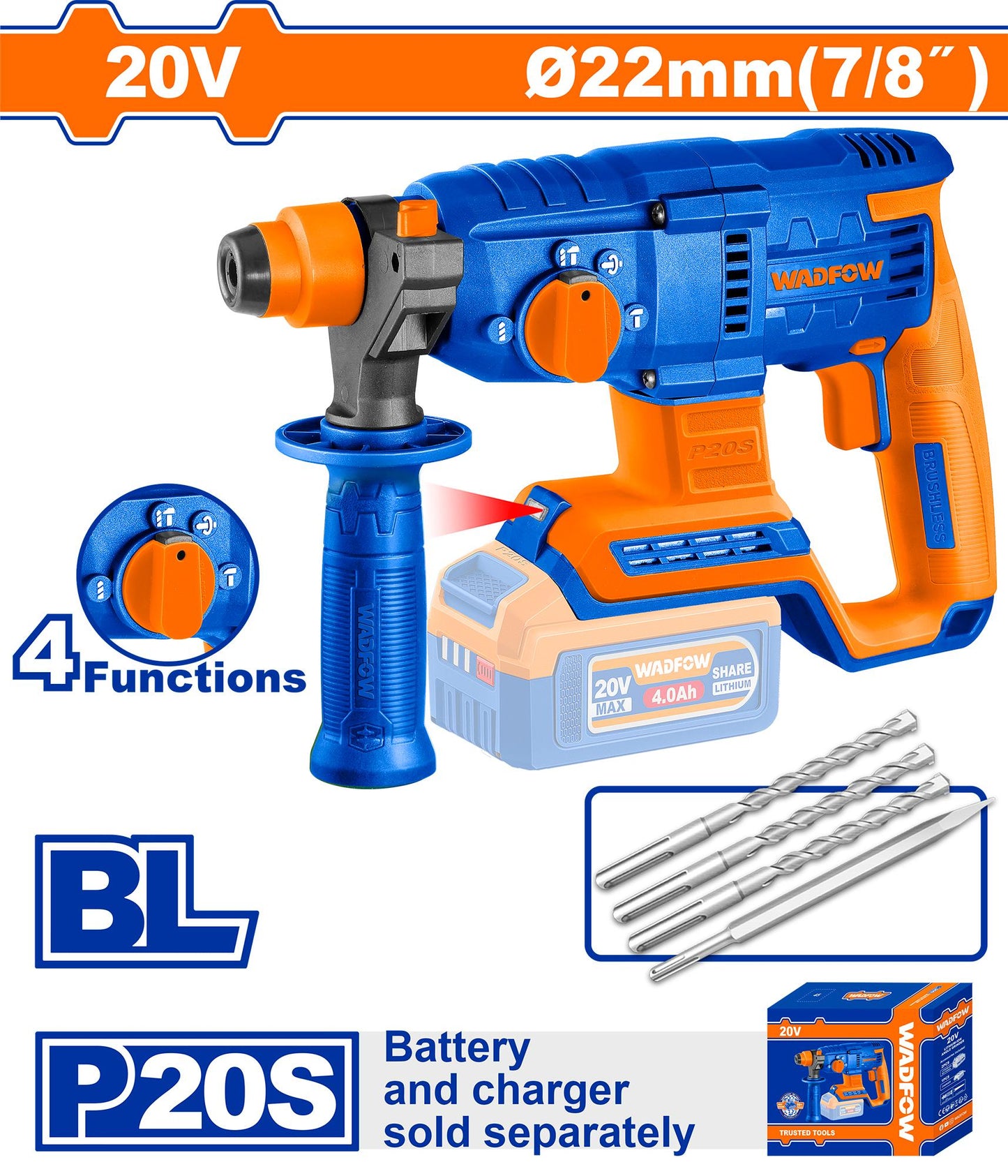 WADFOW 20V Cordless Rotary Hammer 22mm (WITHOUT Battery & Charger) WLM15220