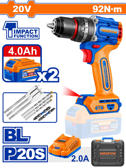 WADFOW 20v Compact Brushless Cordless Impact Drill 92nm (WITH 2pc Batteries & Charger) WCDP9281