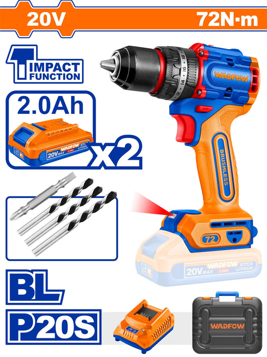 WADFOW 20v Compact Brushless Cordless Impact Drill 72nm (WITH 2pc Batteries & Charger) WCDP7281