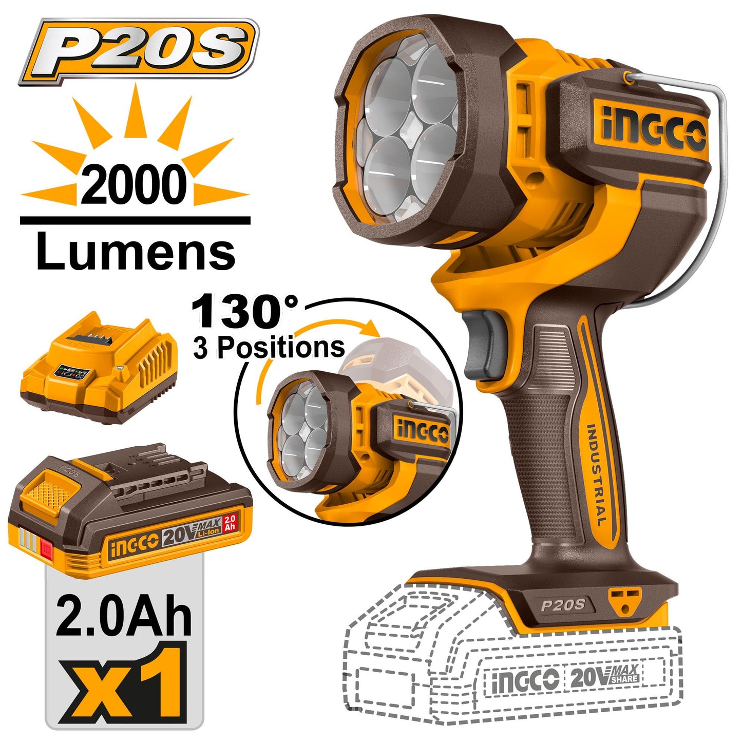INGCO 20v Cordless Work Lamp (WITH Battery & Charger) CWLI20881