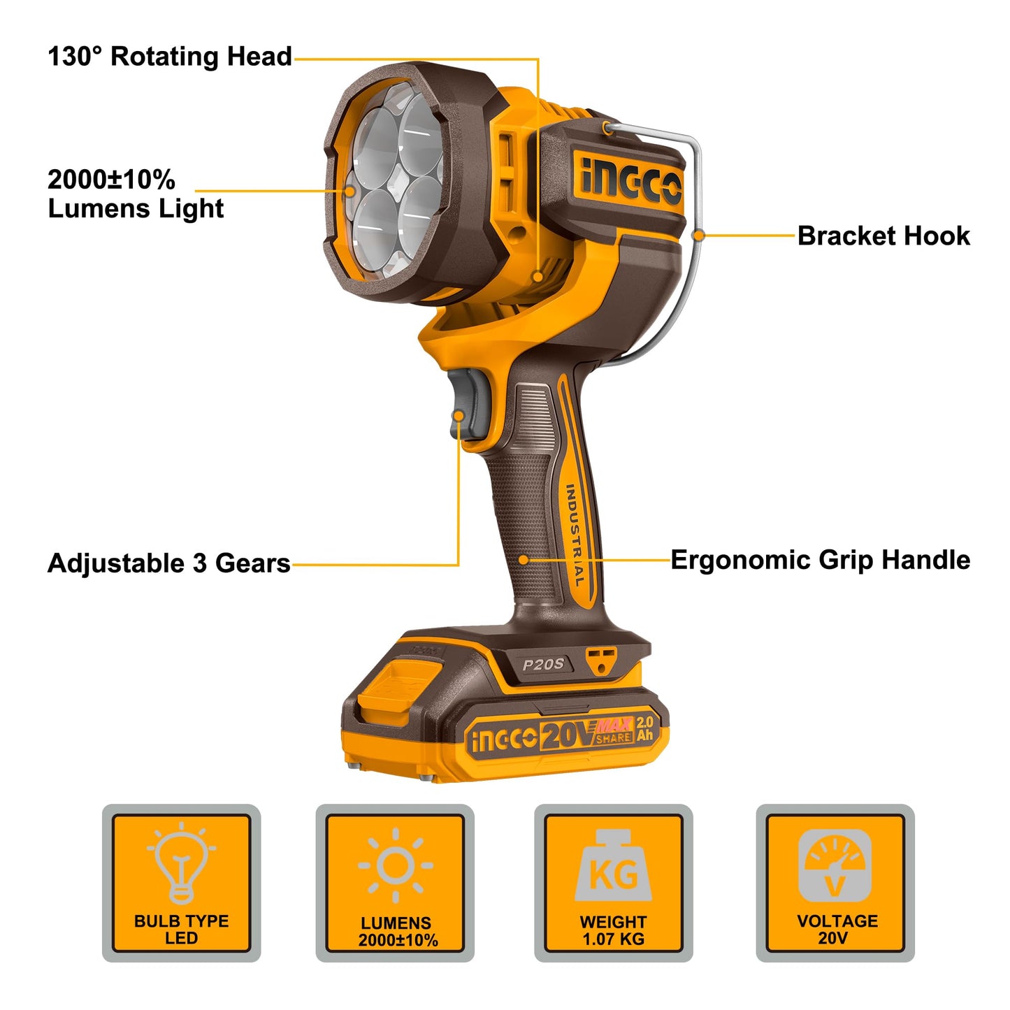 INGCO 20v Cordless Work Lamp (WITH Battery & Charger) CWLI20881