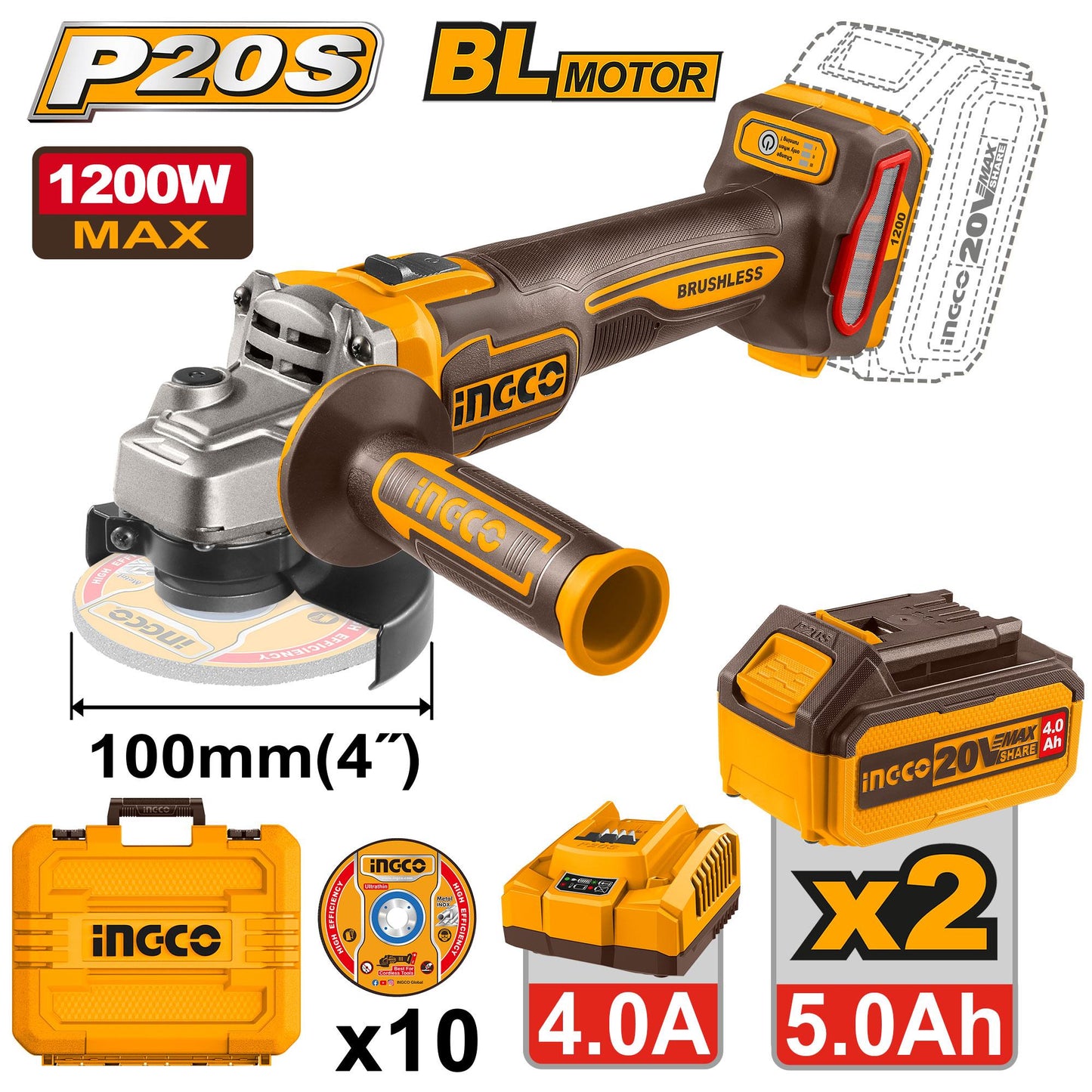 INGCO 20V Cordless Angle Grinder 4" (WITH 2pc batteries and charger) CAGLI2210032
