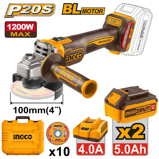 INGCO 20V Cordless Angle Grinder 4" (WITH 2pc batteries and charger) CAGLI2210032