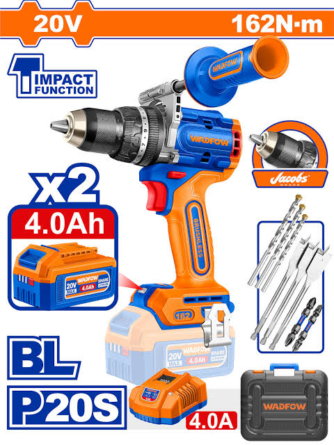 WADFOW Compact brushless cordless impact drill 162nm (With 2pc 4A batteries & charger) WCDP16281