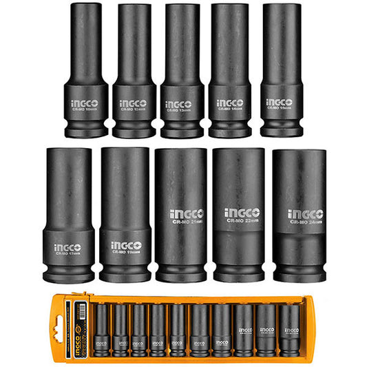 INGCO 10pcs 1/2" Deep Impact Socket Set (10-24mm) HKISSD12102L