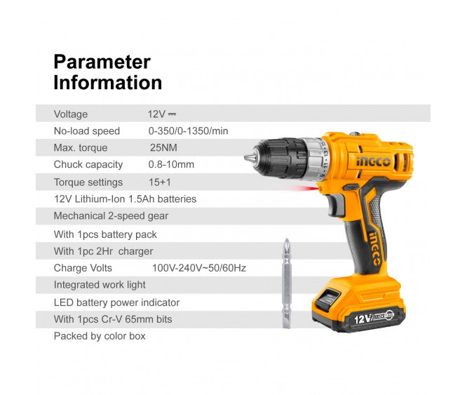 INGCO 12V Cordless Drill (With 1pc battery & charger) CDLI1221