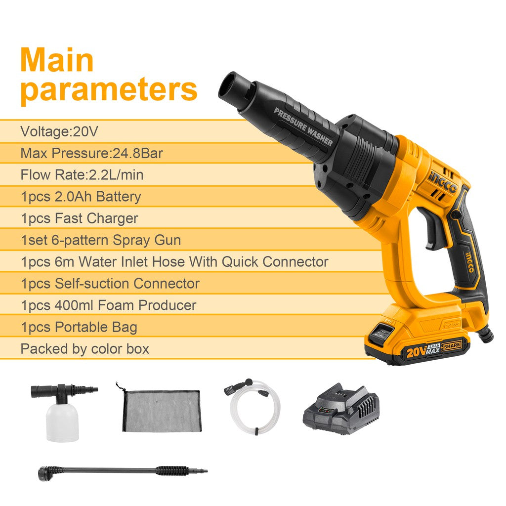 INGCO 20V Cordless Pressure Washer (WITH Battery & Charger) CPWLI20082